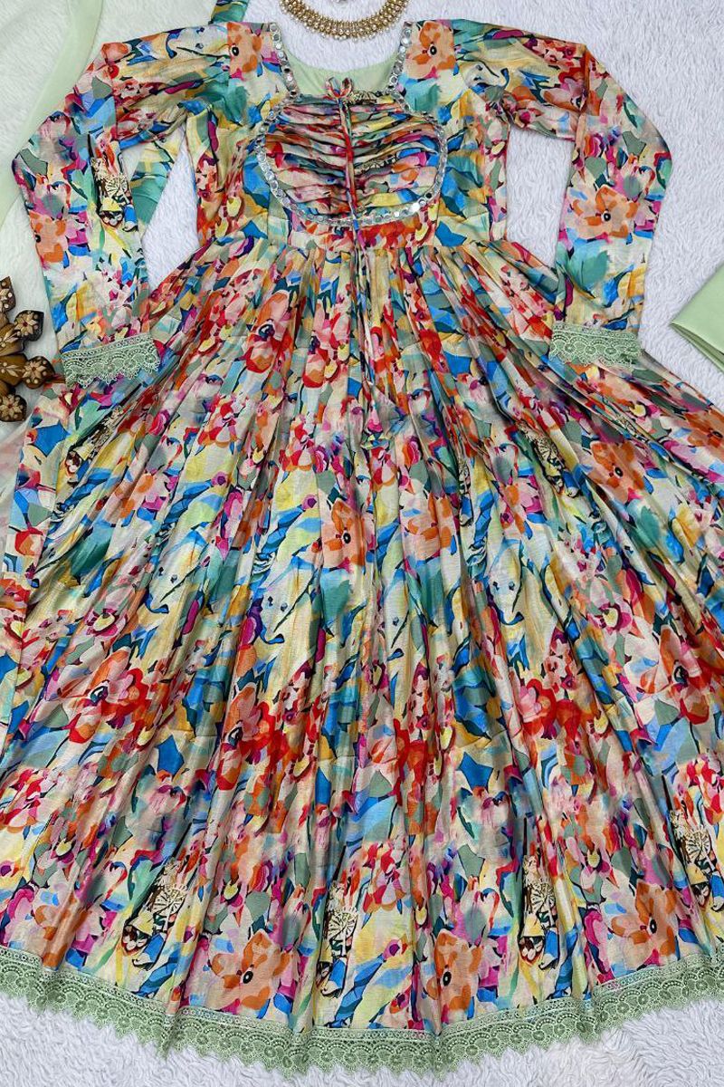 Multi Color Digital Printed Chinon Silk Long Gown