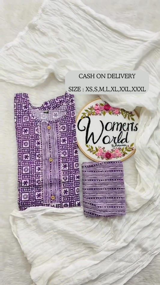 Pure Cotton Light Purple Designer Stich Kurti Plazzo Set With Dupatta