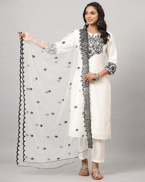 Embroidered Straight Kurta with Pants & Dupatta