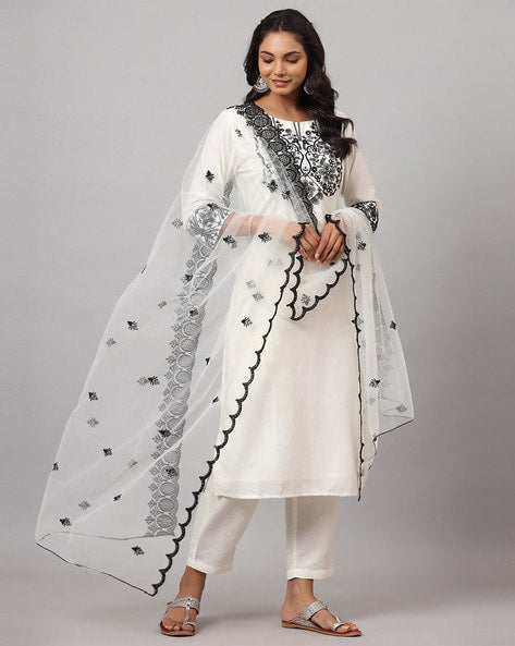 Embroidered Straight Kurta with Pants & Dupatta