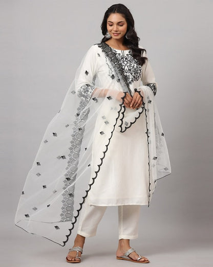 Embroidered Straight Kurta with Pants & Dupatta