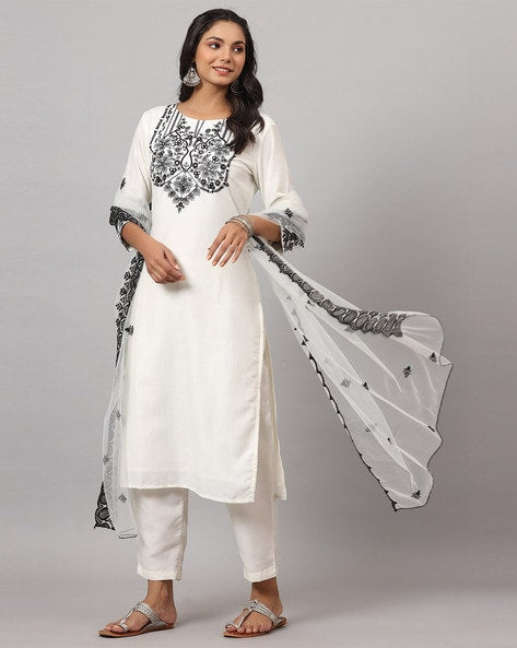 Embroidered Straight Kurta with Pants & Dupatta