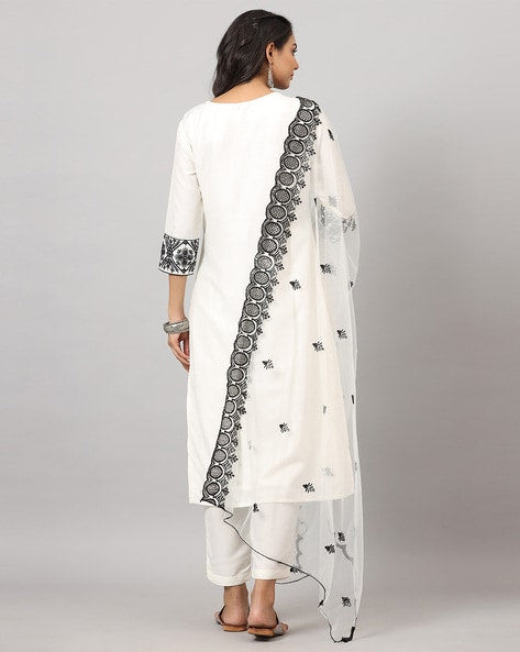 Embroidered Straight Kurta with Pants & Dupatta