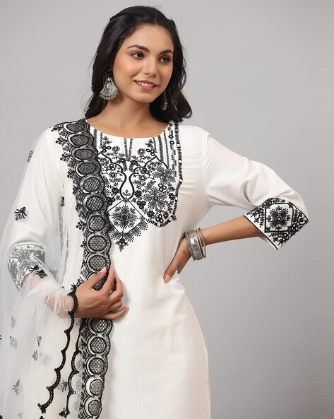 Embroidered Straight Kurta with Pants & Dupatta