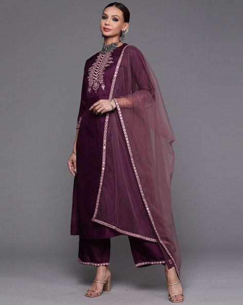 Women Embroidered Straight Kurta with Pants & Dupatta