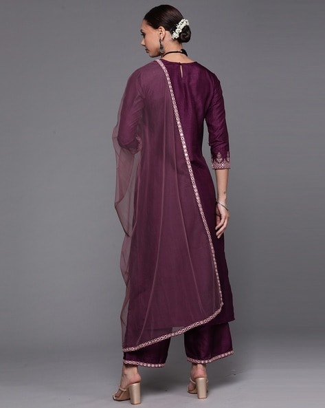 Women Embroidered Straight Kurta with Pants & Dupatta