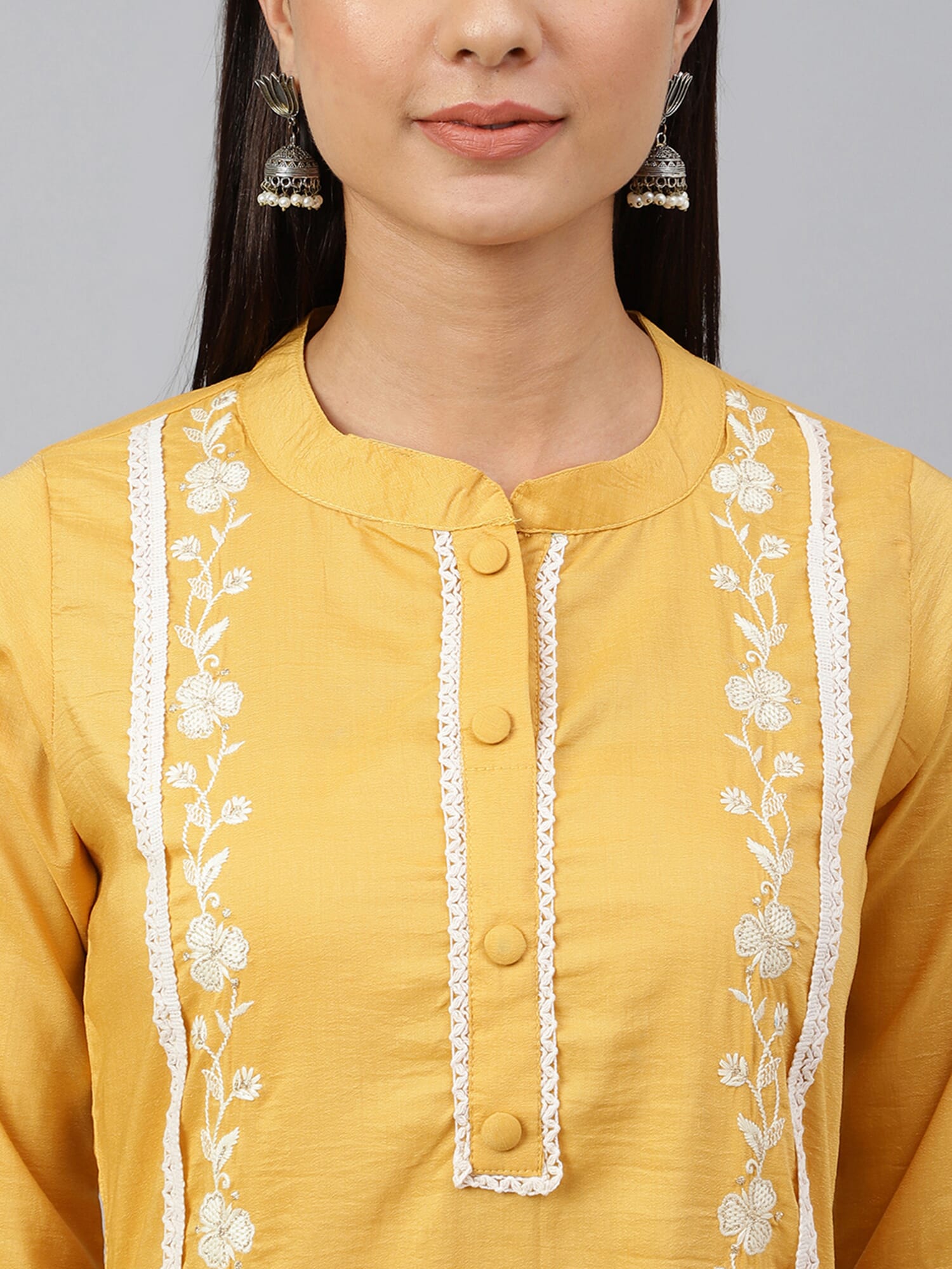 Women's Mustard Poly Silk Floral Embroidery Kurta with Pant and Dupatta