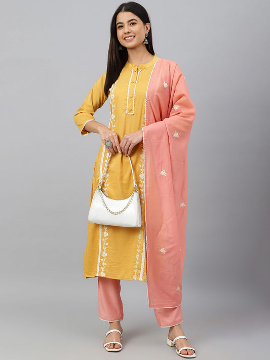 Women's Mustard Poly Silk Floral Embroidery Kurta with Pant and Dupatta