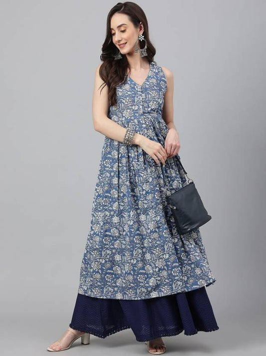 Women Floral Print Pure Cotton Flared Kurta  (Blue)