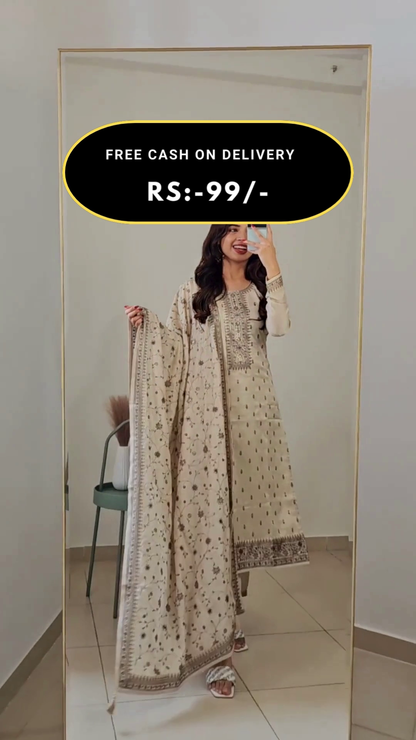 White Printed Silk Blend Straight Kurta With Trousers & Dupatta