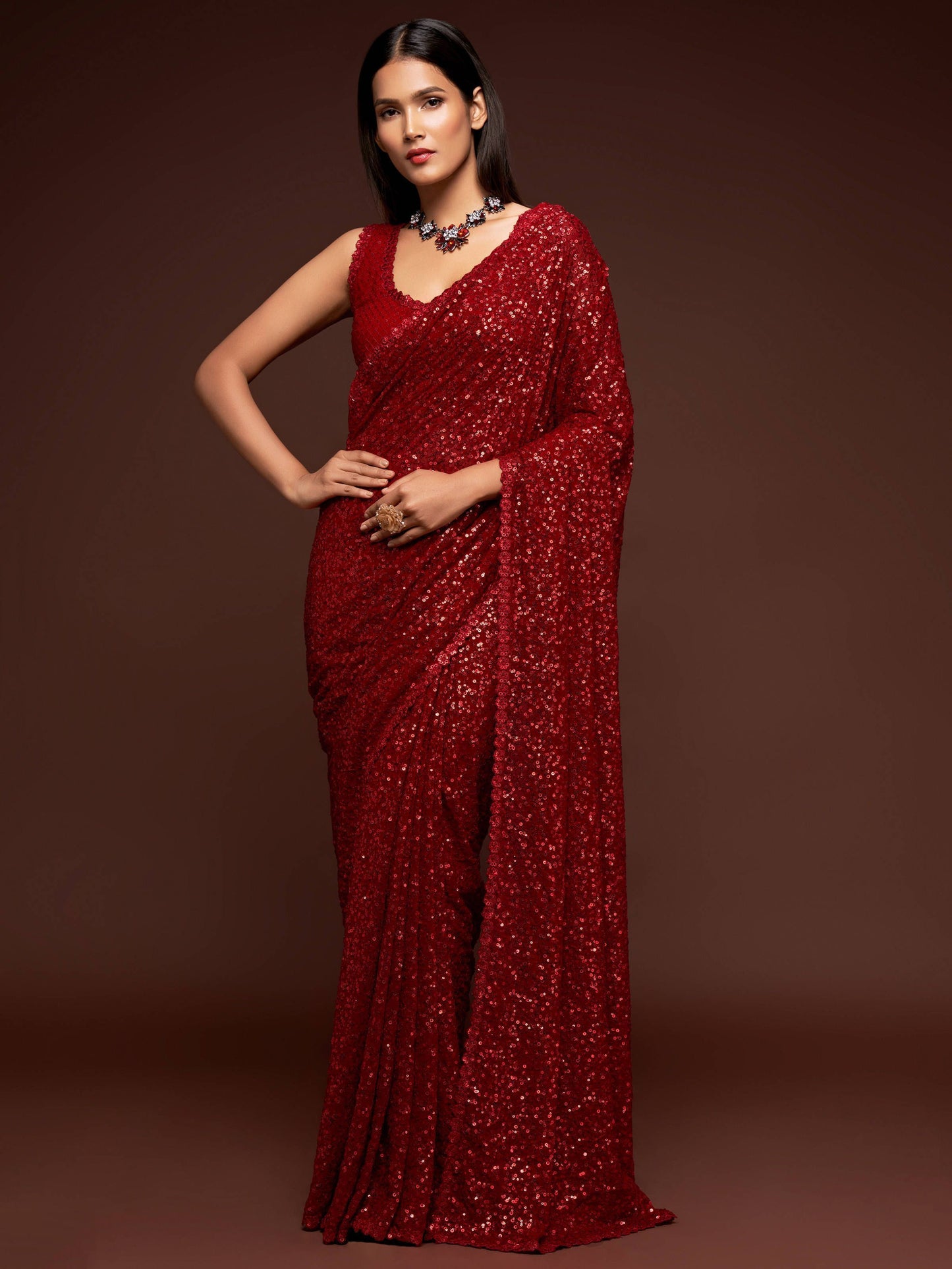 Ruby Red Fully Sequined Georgette Party Wear Saree