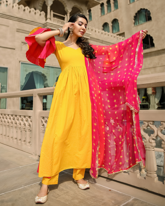 YELLOW BEAT LEHERIYA GOTA SUIT SET