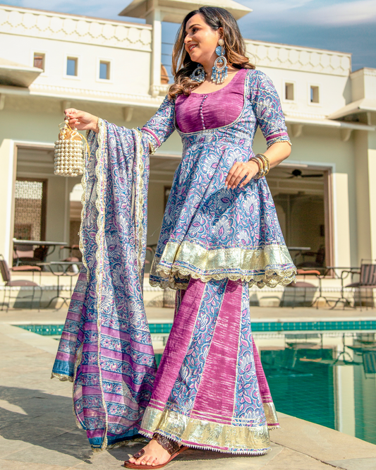 PURPLE ORCHID HANDBLOCK SHARARA SET