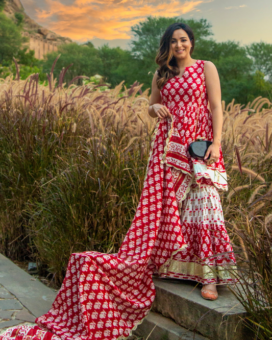 RED PAISLEY HANDBLOCK SHARARA SET