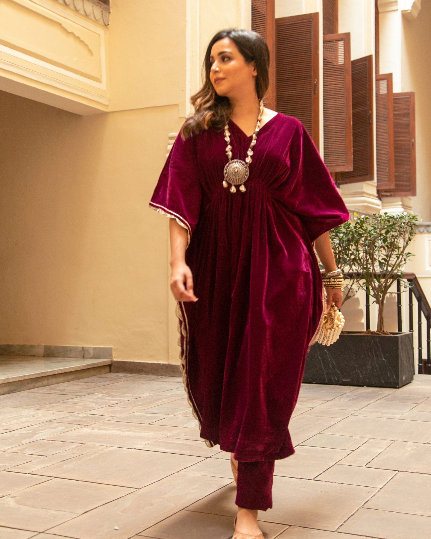 ROSE BERRY VELVET KAFTAN SET