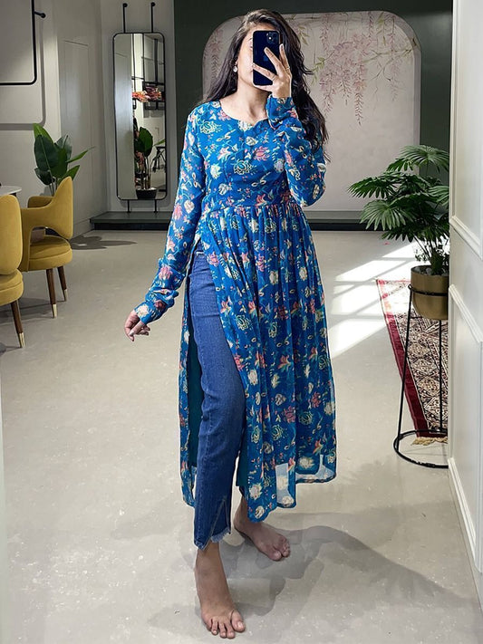 Attractive Blue Floral Georgette Naira Cut Casual Wear Kurti