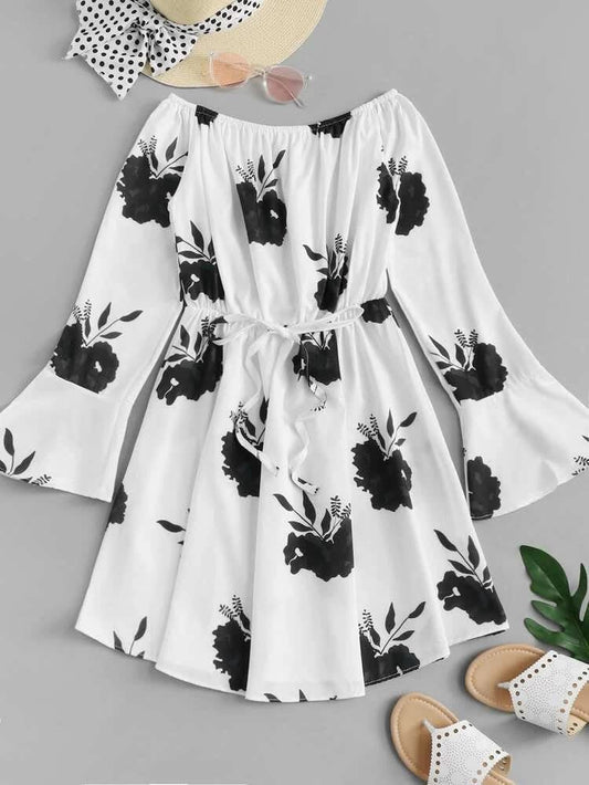 Floral Print Off Shoulder White Color Western Top