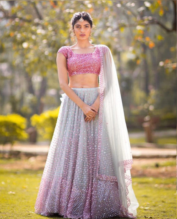 Partywear Extra Ordinary Gleaming Mono Net Grey Color Lehenga Choli