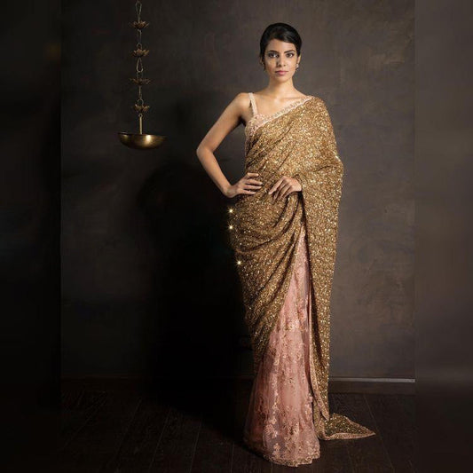 Beautiful Gold And Peach Color Heavy Sequence Work Wedding Saree