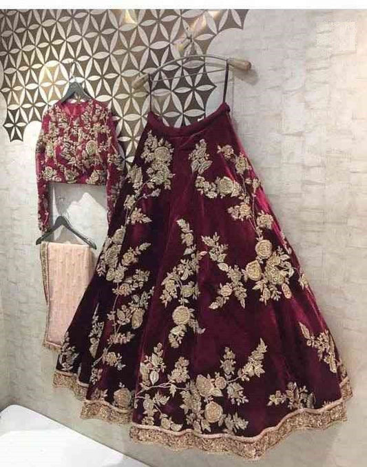 Maroon Semi-Stitched Velvet Trendy Work Lehenga Choli