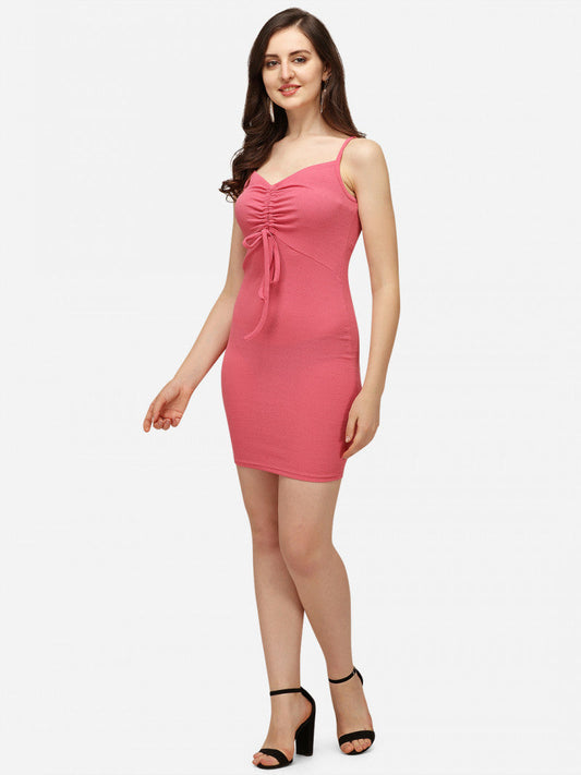 Shoulder-Strap Pink Color Sheath Dress