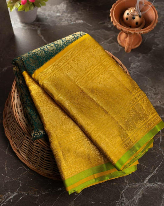 Attractive Dark Green & Yellow Color Rich Pallu & Heavy Design Work Saree