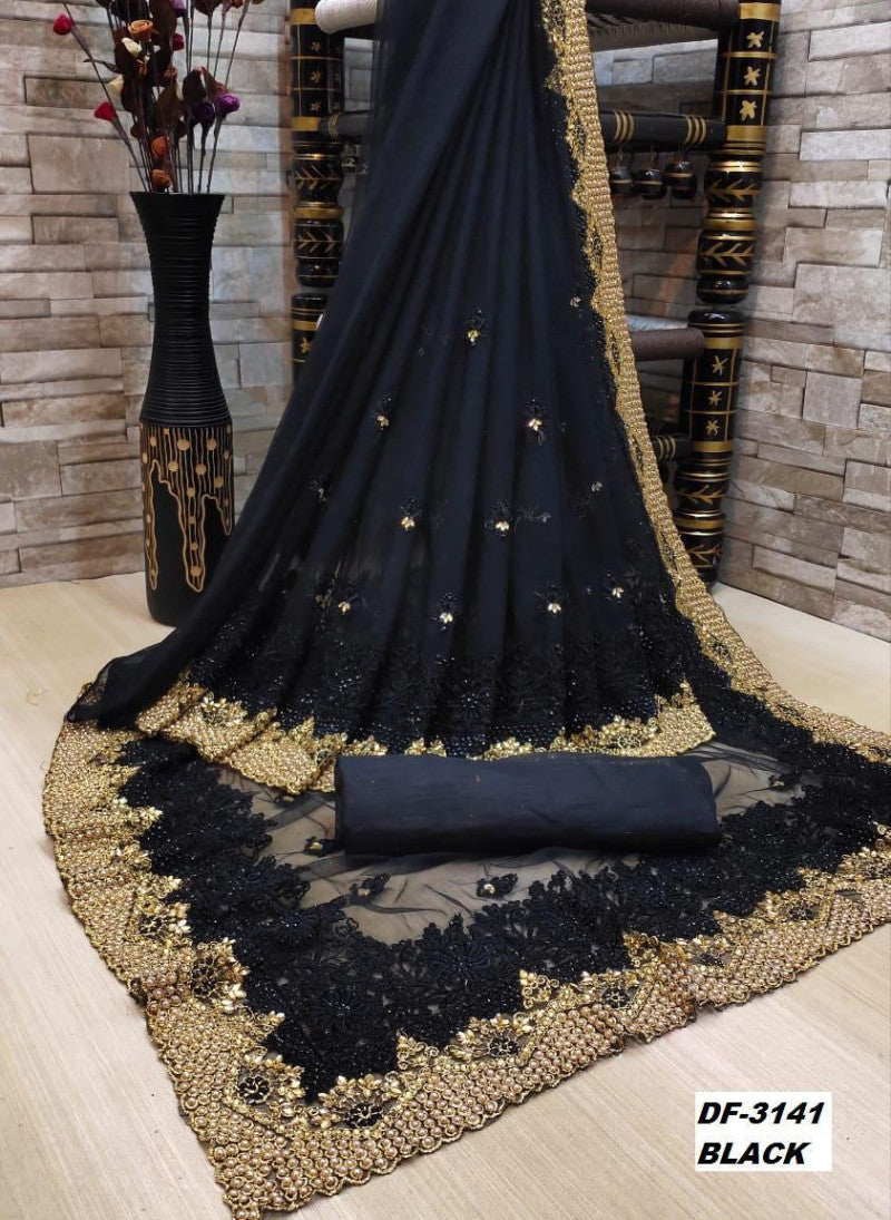 Precious Luxuriant Extra Ordinary Black color Heavy Trendy Net Saree