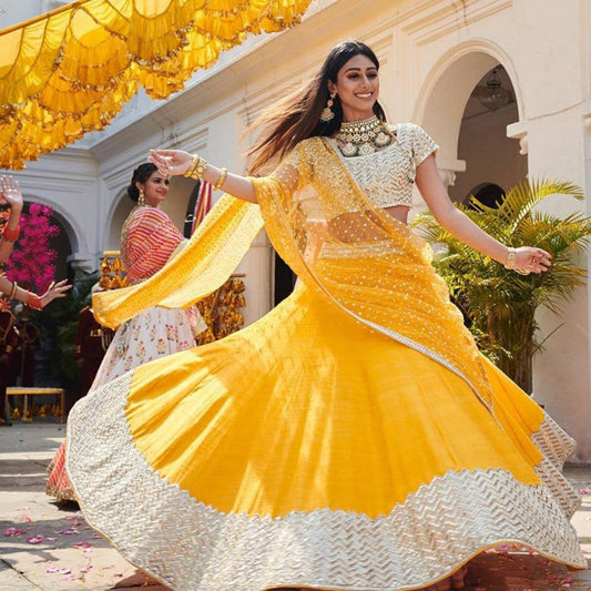 Precious Trending Golden Color Online Extra Ordinary LehengaCholi