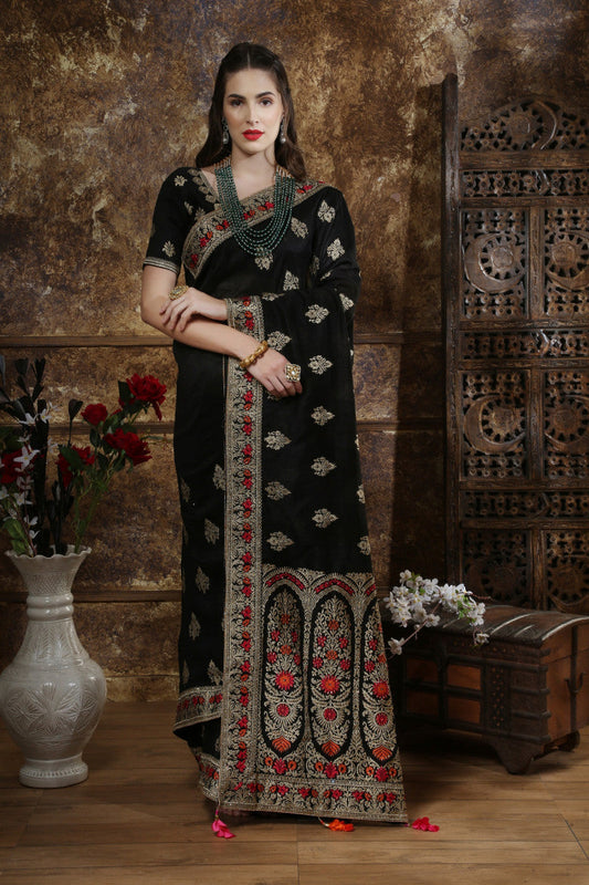 Real Stone Black Color Silk Full Embroidery And Stone Work Saree