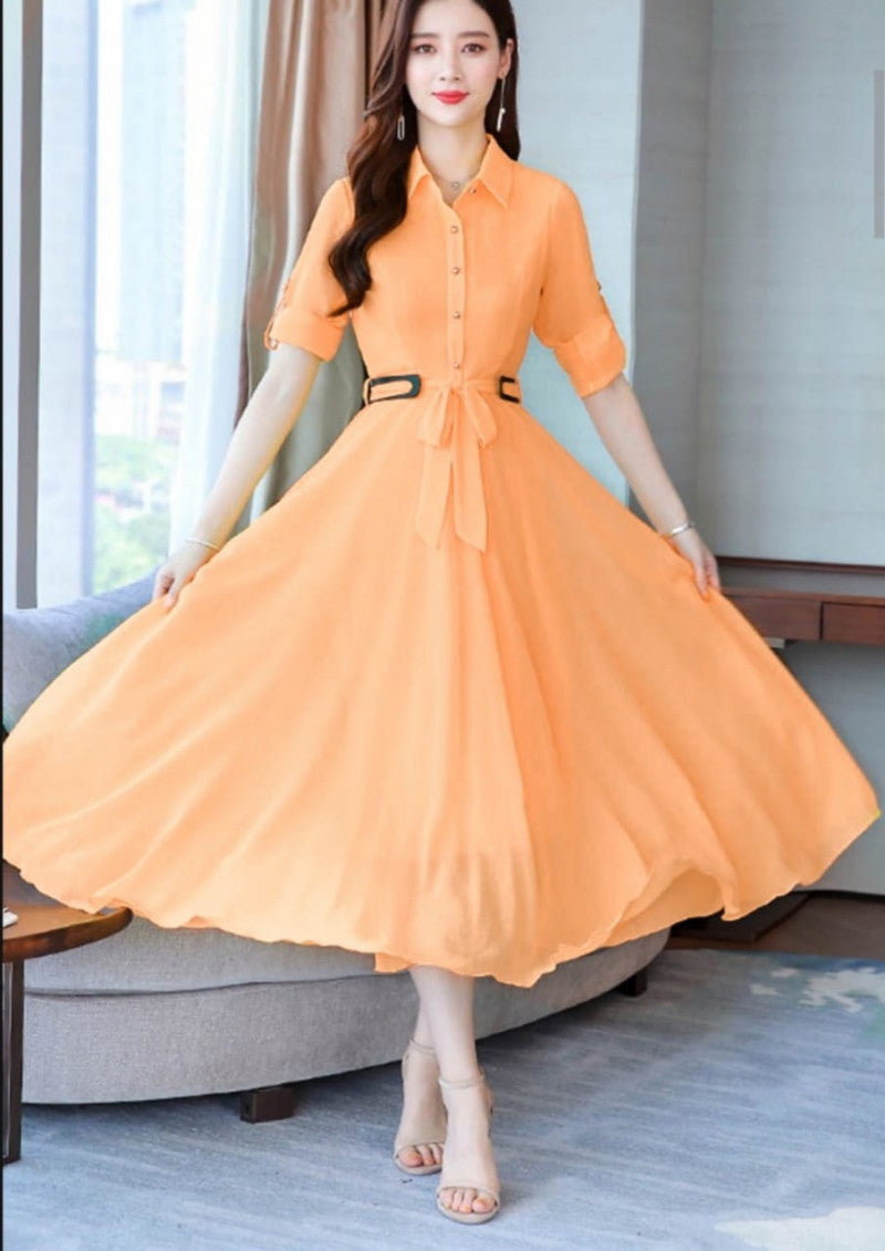 Women Orange Solid Fit and Flare Dress