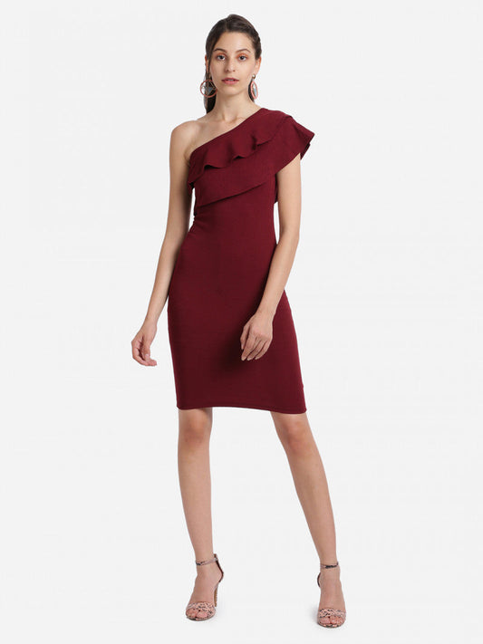 One-Shoulder Ruffled Slit Maroon Color Mini Dress