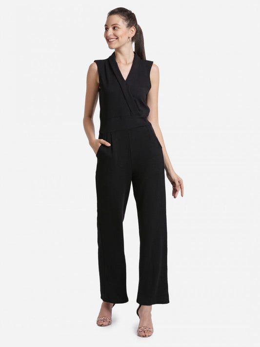 Sleeveless V-Neck Black Color Solid Basic Jumpsuit