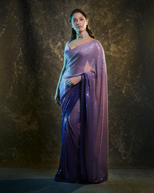 Extra Ordinary Beautiful Tamanna Bollywood Style Glimmering Purple Sequin Saree