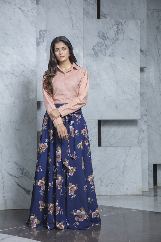 Awesome Navy Blue Printed Crepe Indo Western Skirt With Dusty Pink Top