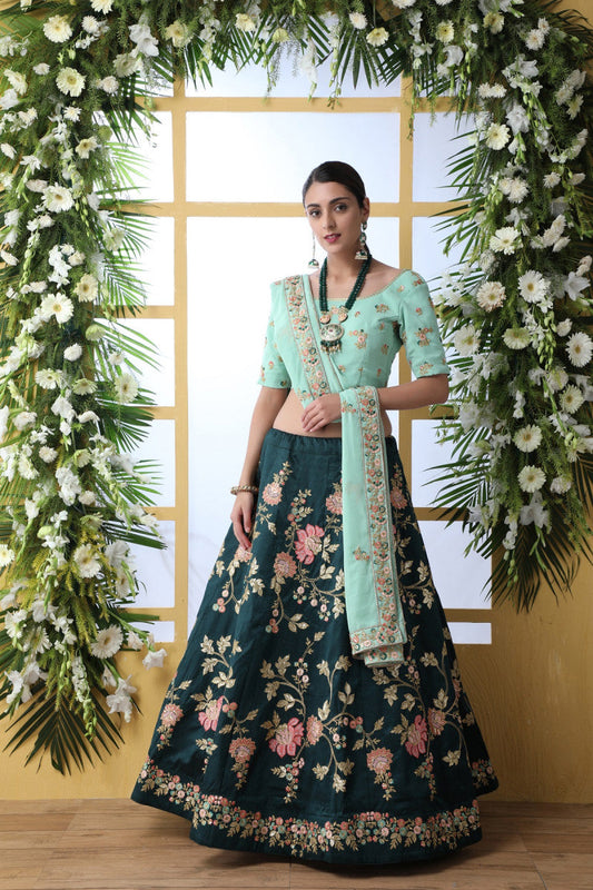 Women's Dark Green Colour Art Silk Extra Ordinary Lehenga Choli