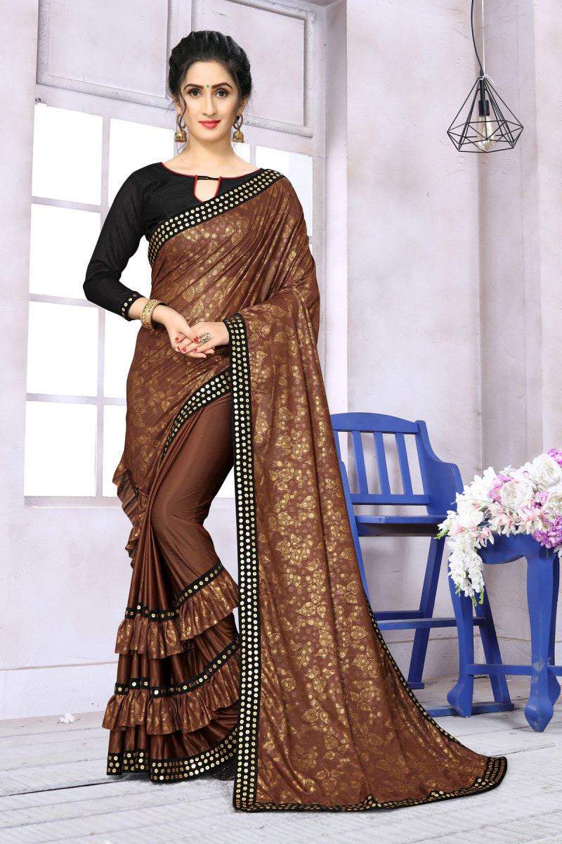 Trending Extra Ordinary Brown Ruffle Partywear Lycra Printed Saree