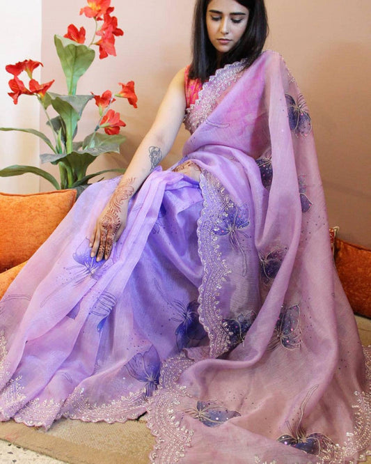 Purple Organza Silk With Hand Work Sequine Saree