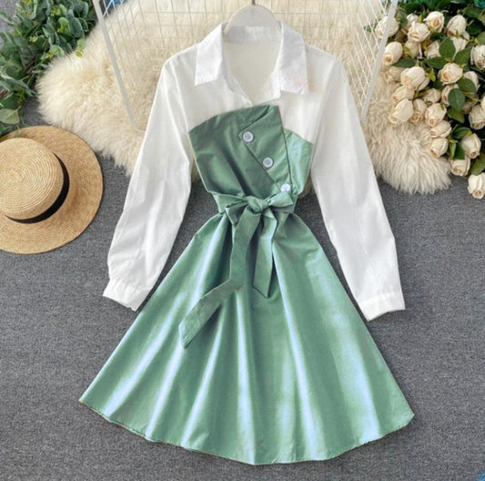 Pary Wear Collar Midi Dress Pista And White Color