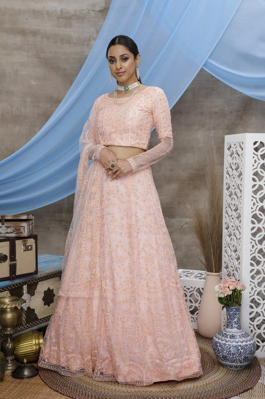 Attractive Peach Color Net Trendy Lehenga choli