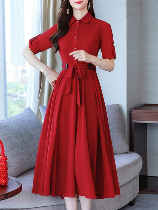 Women Solid Red Fit And Flare Dress