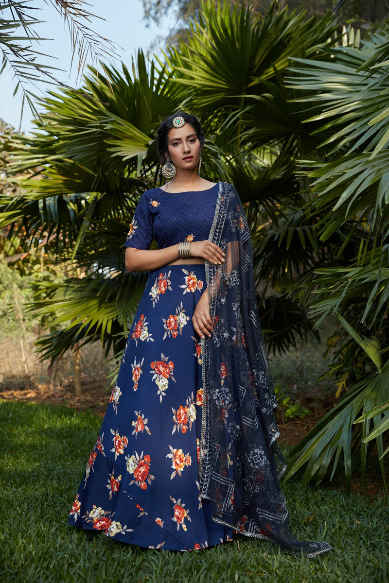 Attractive Navy Blue Color Floral Printed Lehenga Choli