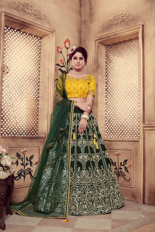 Wedding Wear Dark Green Color Silk Trendy Lehenga Choli