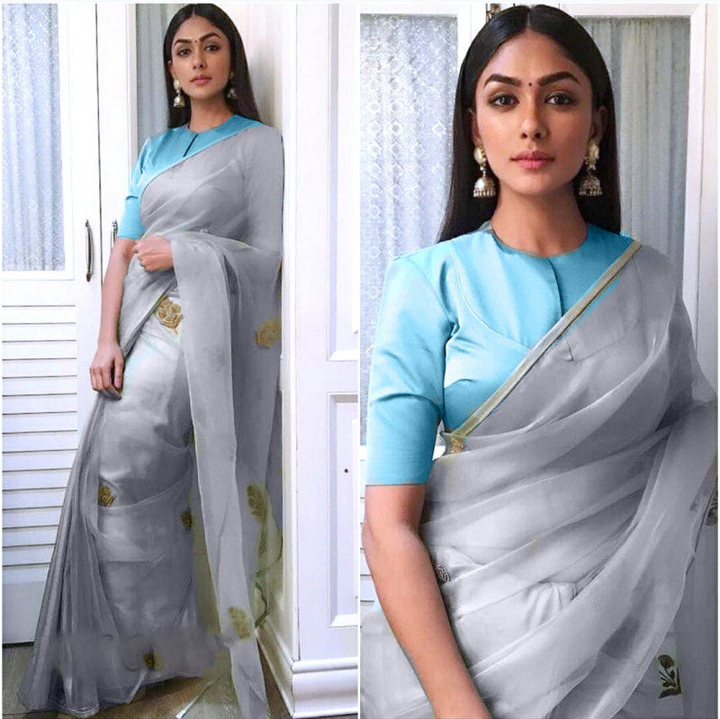 Precious Trending Grey Color Organza Silk Saree Blouse