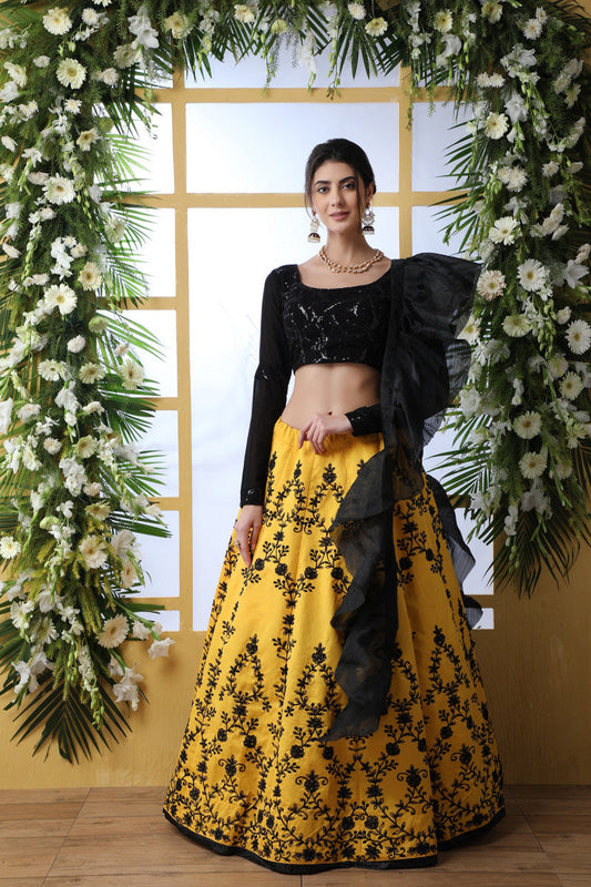 Online Yellow Art Silk Lehenga Choli With Organza Dupatta