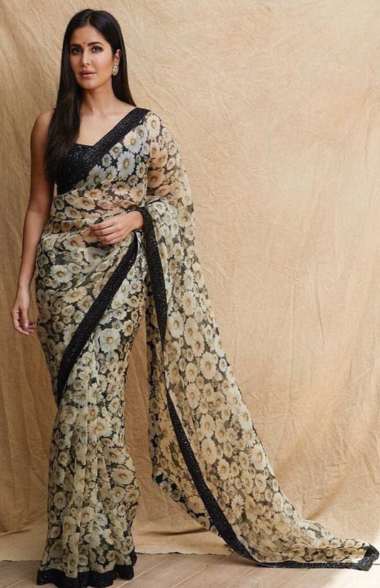 Katrina Kaif Black With Off White Sabya Kat Weight Less?Digital Saree