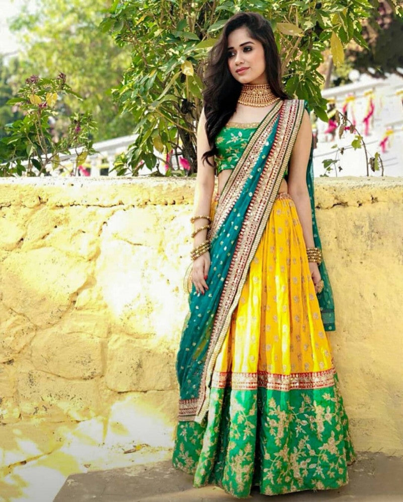 Beautiful Jannat Jubair Wearing Yellow And Green Color Lehenga Choli