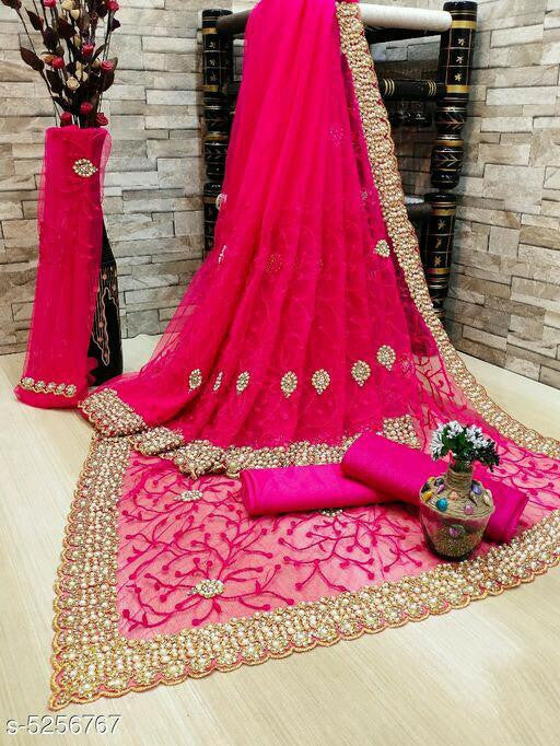 Precious Trending Dark Pink Color Heavy Trendy And Jari Work Net Saree