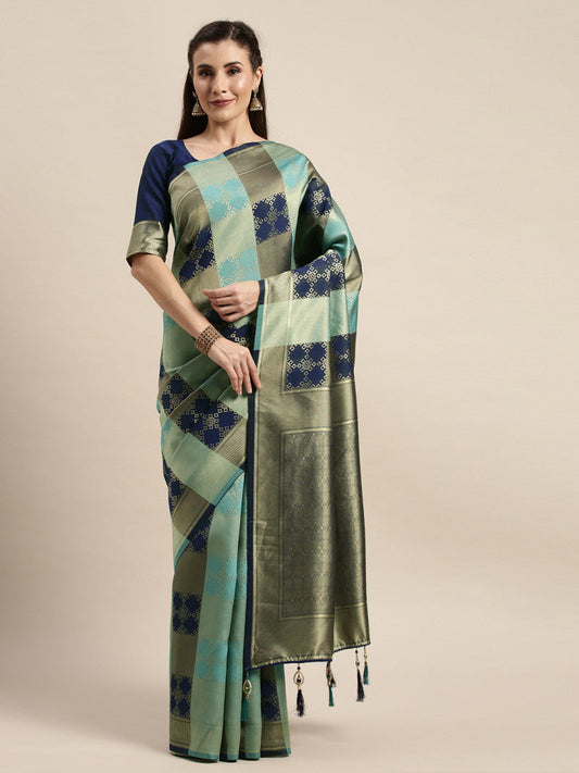 Beautiful Navy Blue And Mint Color Banarasi Silk Saree