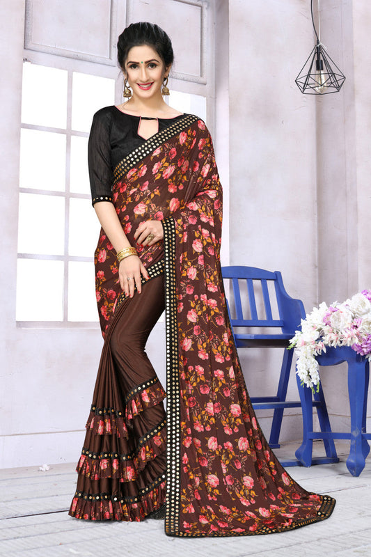 Trending Brown Color Ruffle Digital Printed Extra Ordinary Saree