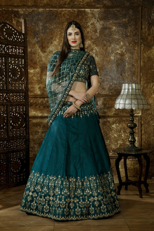 Wedding Wear Teal Green Taffeta Satin Extra Ordinary Lehenga Choli